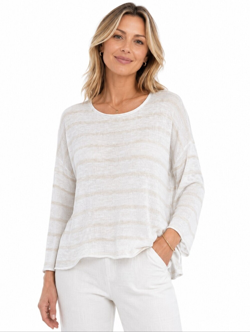 Eileen Fisher Organic Linen Cotton Striped Knit Top Neutral Size M